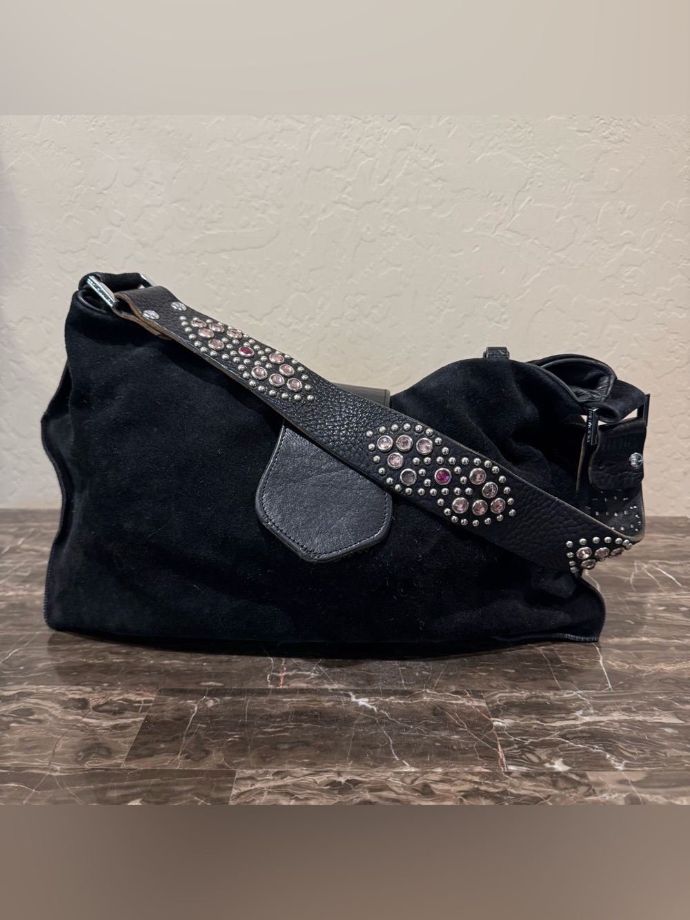 Tylie Malibu Black Suede Rhinestone Strap Shoulder Bag
